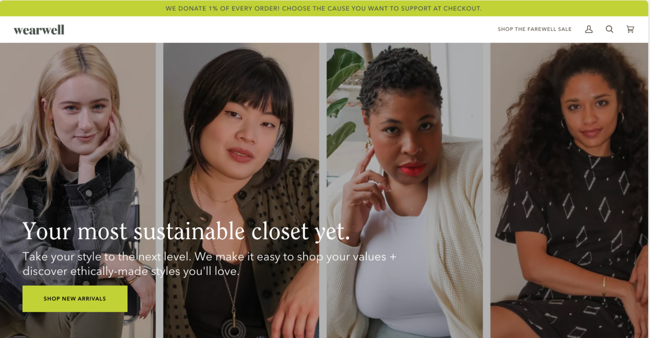 Stylish and diverse models featured on a sustainable fashion ecommerce website banner, highlighting ethically made clothing with a call-to-action for new arrivals. Designed for user engagement and value-driven online shopping experiences.