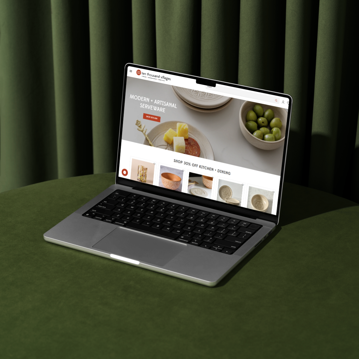 High-converting Shopify website for Ten Thousand Villages, showcasing artisanal kitchenware on a premium laptop. Elegant and strategic ecommerce design and digital marketing for ethical home goods brands.