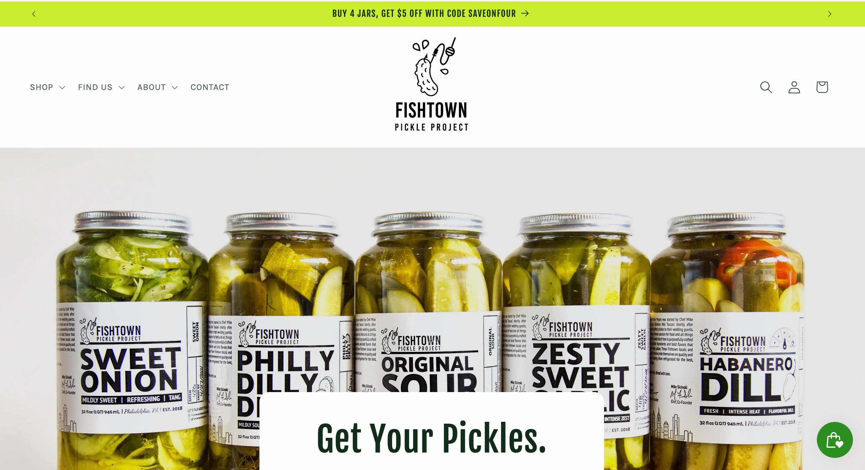 Screenshot of the Fishtown Pickle Project ecommerce website redesigned by Next Chapter Designs, showcasing a bold product display of gourmet pickles in jars. Features include a clean navigation bar, promotional banner, and high-converting call-to-action. Optimized for food & beverage ecommerce SEO, UX, and mobile-friendly design.