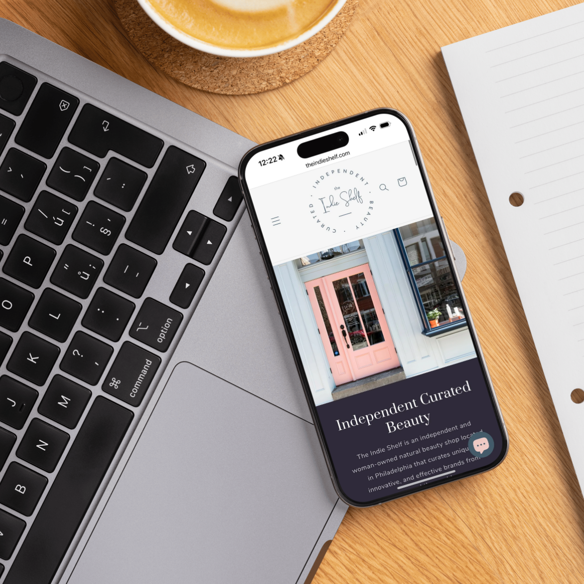Indie beauty ecommerce website on mobile, displaying a curated selection of independent and natural beauty brands. Designed for small business growth with a seamless online shopping experience to coincide with their brick-and-mortar store locations.