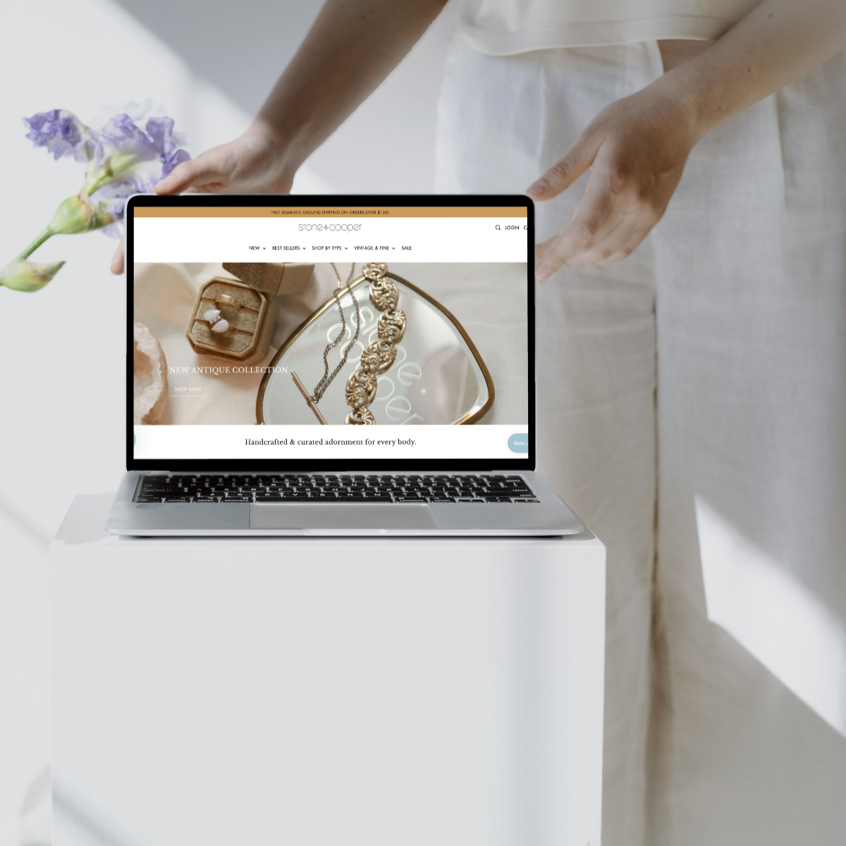Shopify ecommerce website for a vintage jewelry collection, displayed on a laptop with a modern, airy aesthetic. Timeless web design for fine jewelry brands blending heirloom quality with boho elegance.
