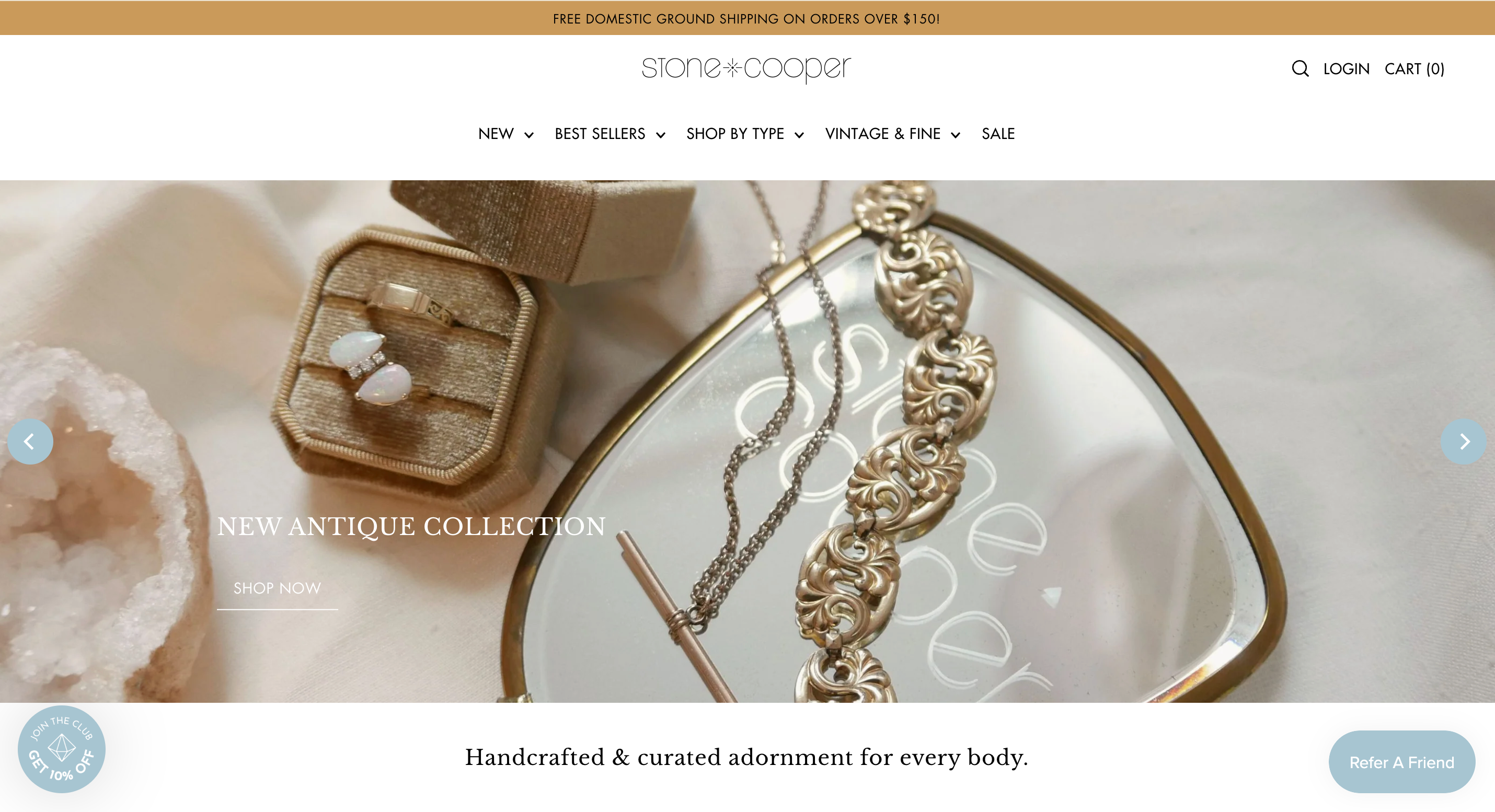 Screenshot of Stone Cooper's jewelry ecommerce website designed by Next Chapter Designs, featuring a luxurious hero image of handcrafted antique rings and necklaces. Highlights include intuitive navigation, elegant branding, and a ‘Shop Now’ CTA. Built for high-conversion, SEO optimization, and seamless shopping experience for a midsize jewelry brand.