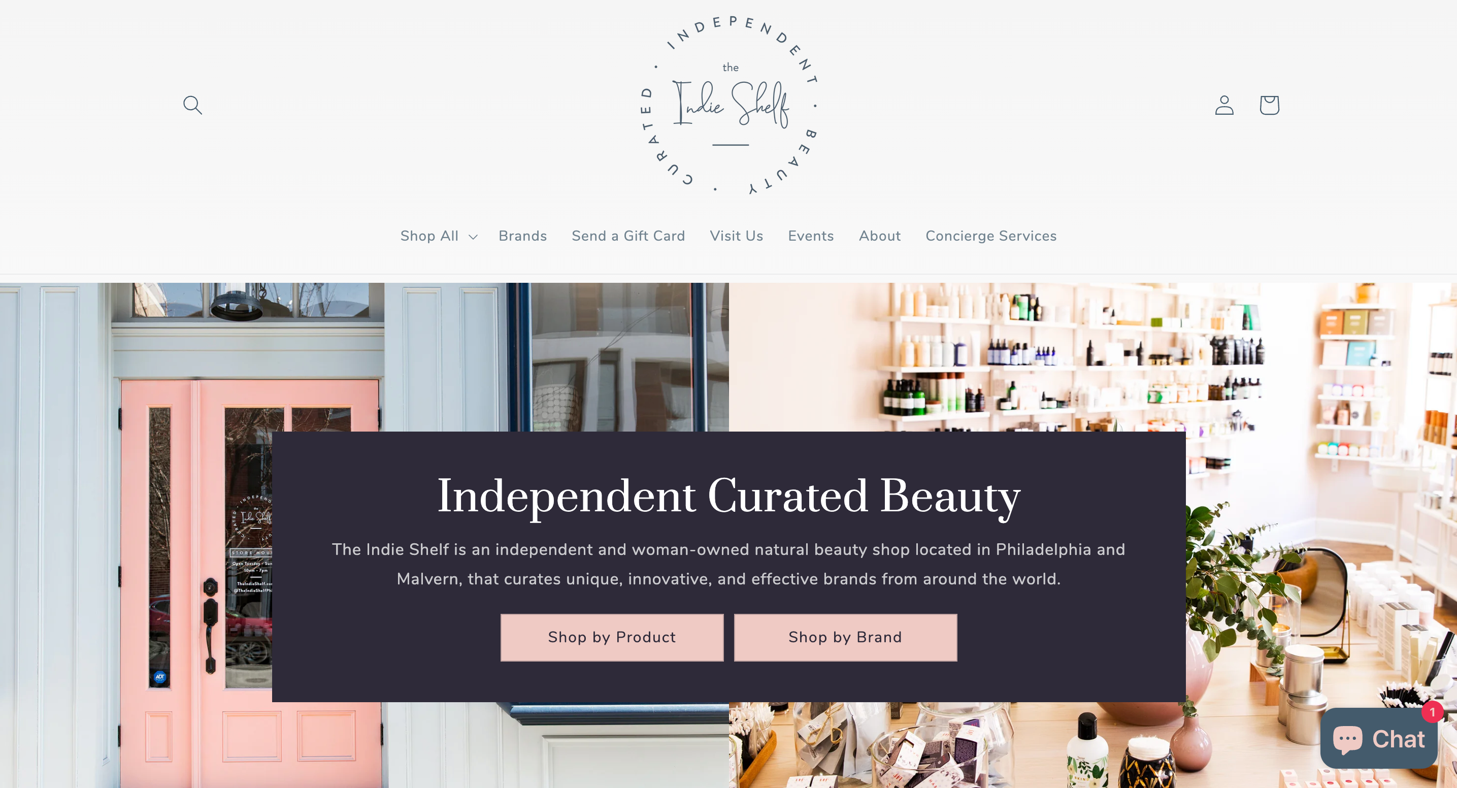 Screenshot of The Indie Shelf homepage designed by Next Chapter Designs, with elegant serif typography over a background of a curated beauty boutique interior. Featuring a welcoming headline “Independent Curated Beauty,” this ecommerce site highlights clean UX, optimized category navigation, and brand storytelling for a woman-owned indie beauty brand.