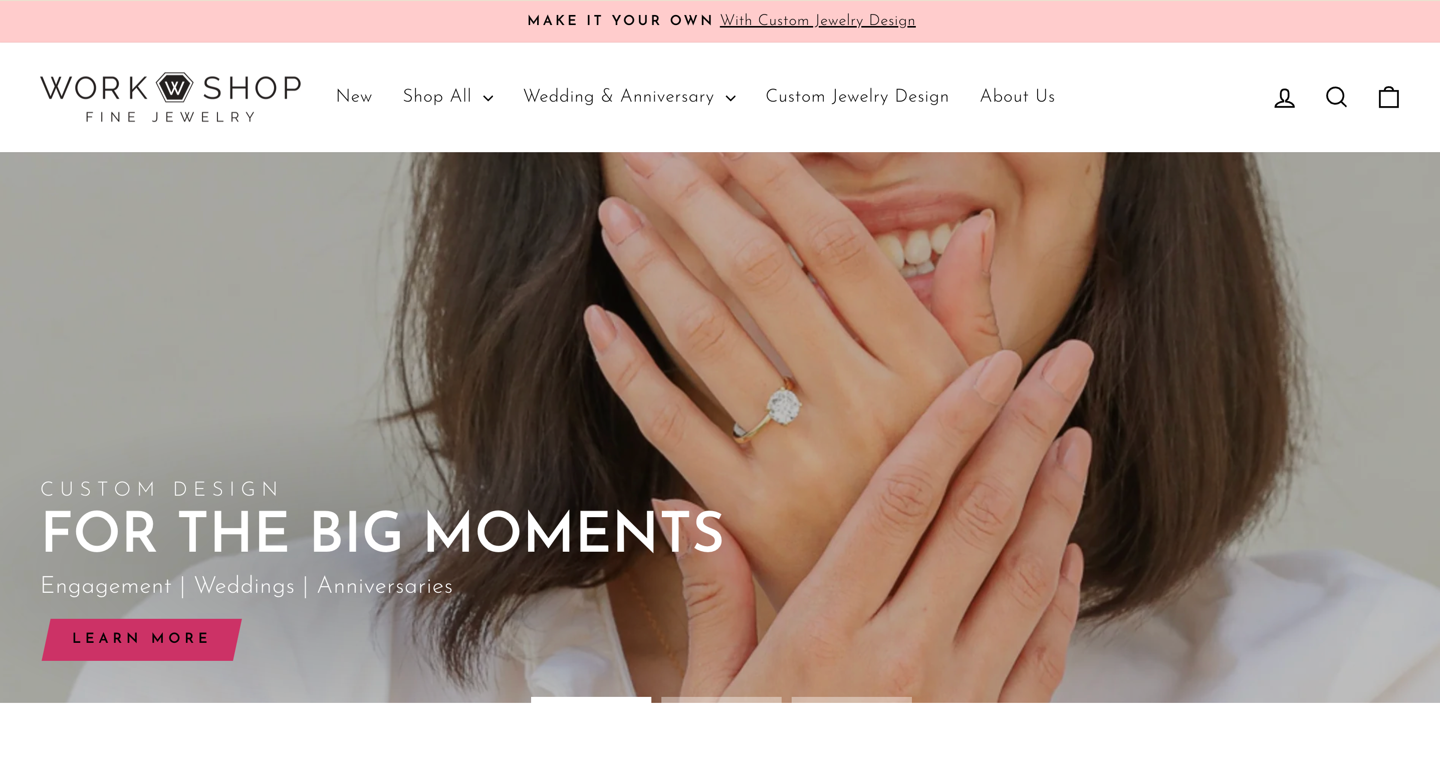 Screenshot of custom jewelry ecommerce website design for Workshop Fine Jewelry, created by Next Chapter Designs. Desktop view features clean UX, modern navigation, and high-conversion call-to-action for custom engagement, wedding, and anniversary rings. Showcases professional web design and SEO optimization for a luxury jewelry brand.